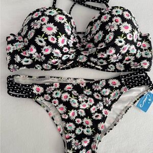 California Waves Black Floral Bikini with Pink & Mint Accents